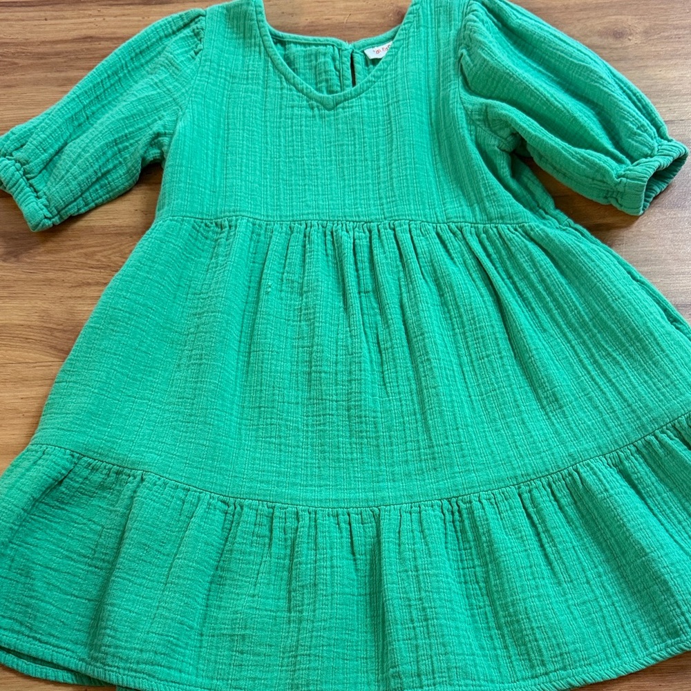 Kids Green Cotton Gauze Tiered Dress - Brand: